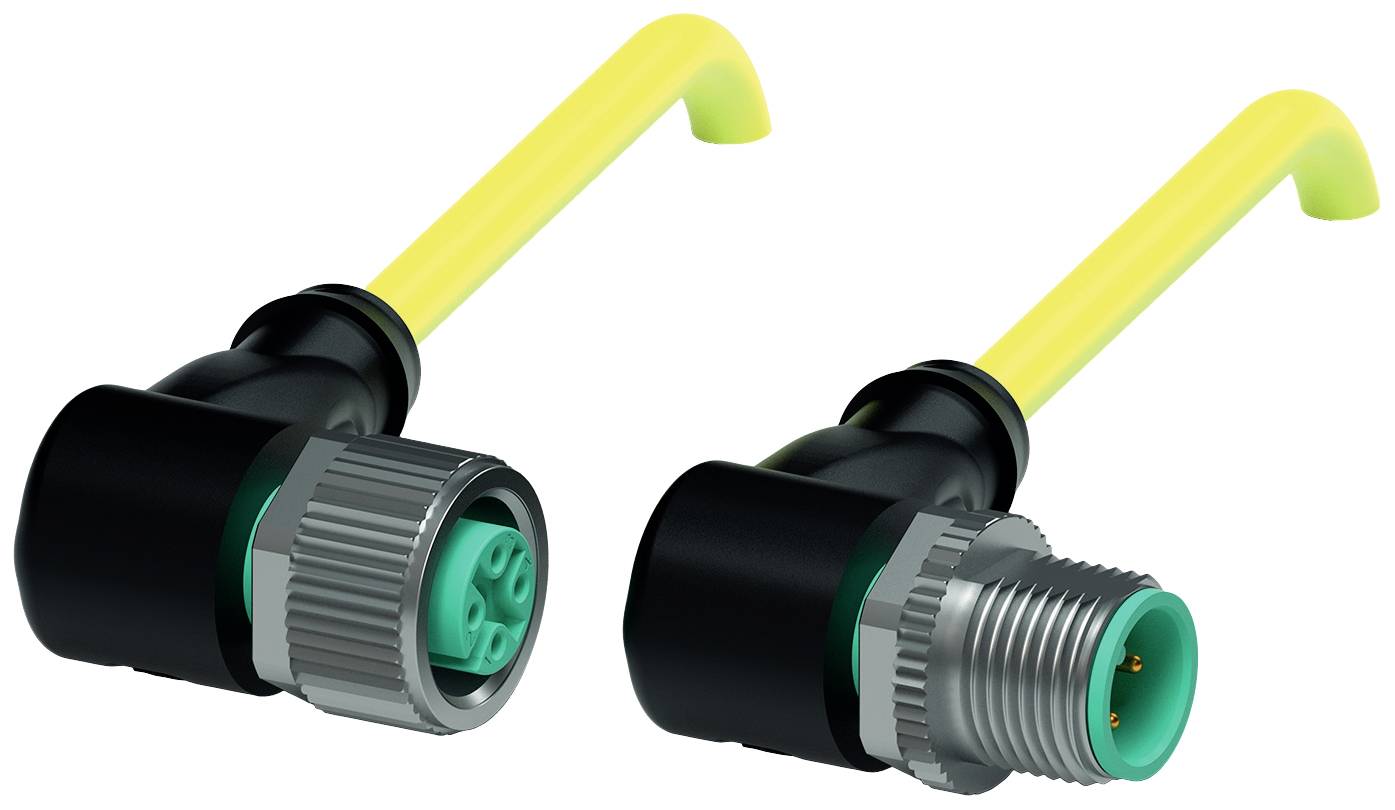 Zwei gewinkelte Steckverbinder, einer mit Buchse und einer mit Stift, mit gelbem Kabel, geeignet für industrielle Anwendungen.