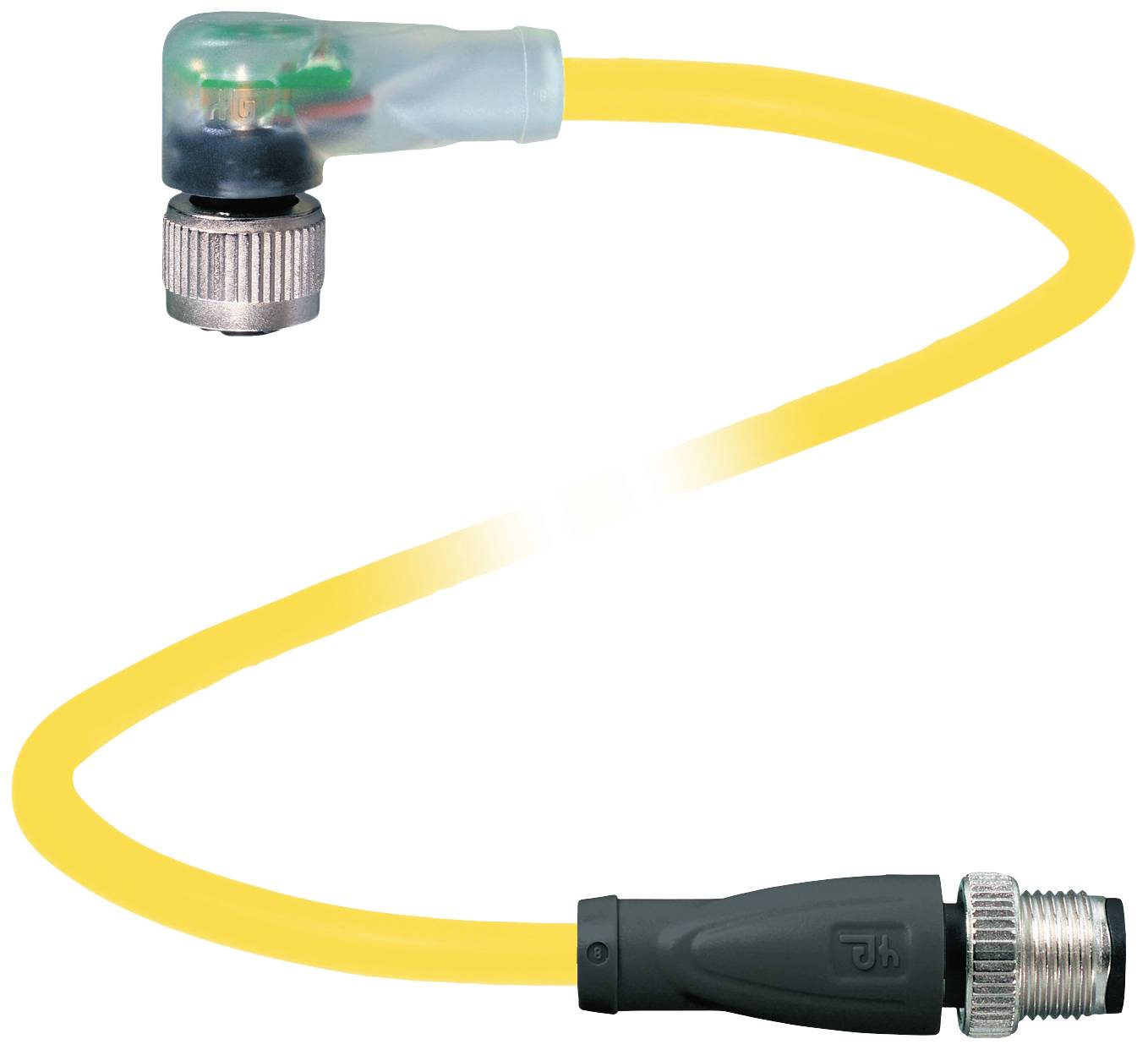 Gelbes Kabel mit gewinkeltem, transparentem Stecker oben, schwarzem geradem Stecker unten. Herausragend in Technik und Design.