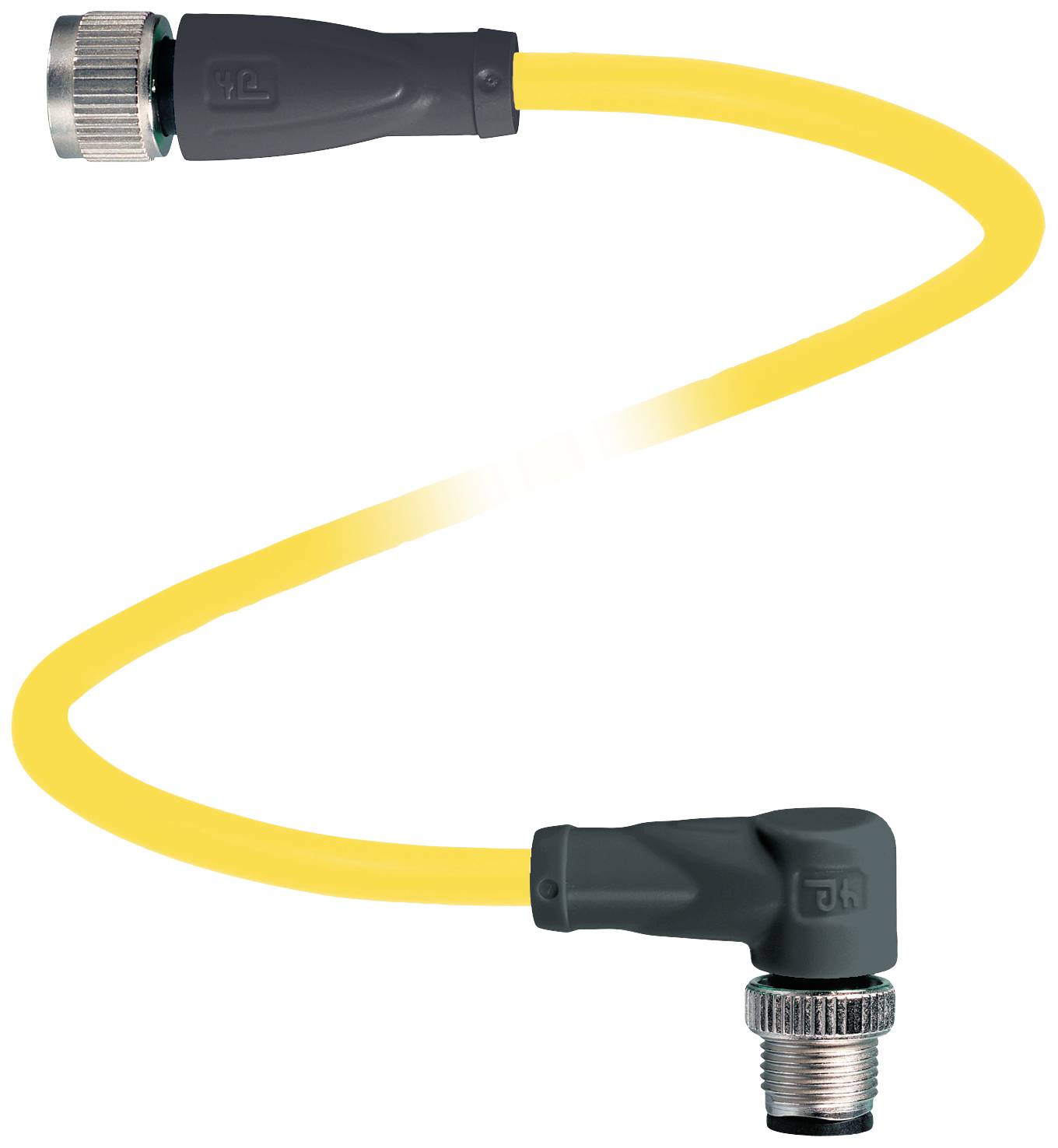 Gelber flexibler Schlauch mit schwarzen Anschlüssen an beiden Enden, geeignet für den Einsatz in technischen oder industriellen Anwendungen.