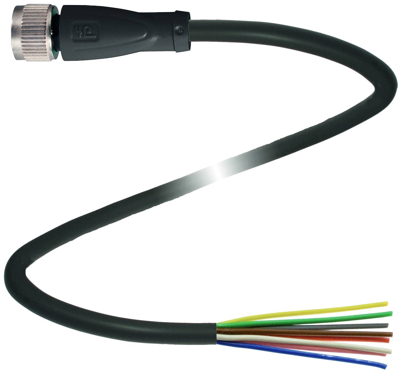 Ein schwarzes elektrisches Mehraderkabel mit sechs farbigen Drähten am Ende: schwarz, braun, weiß, blau, gelb und grün.