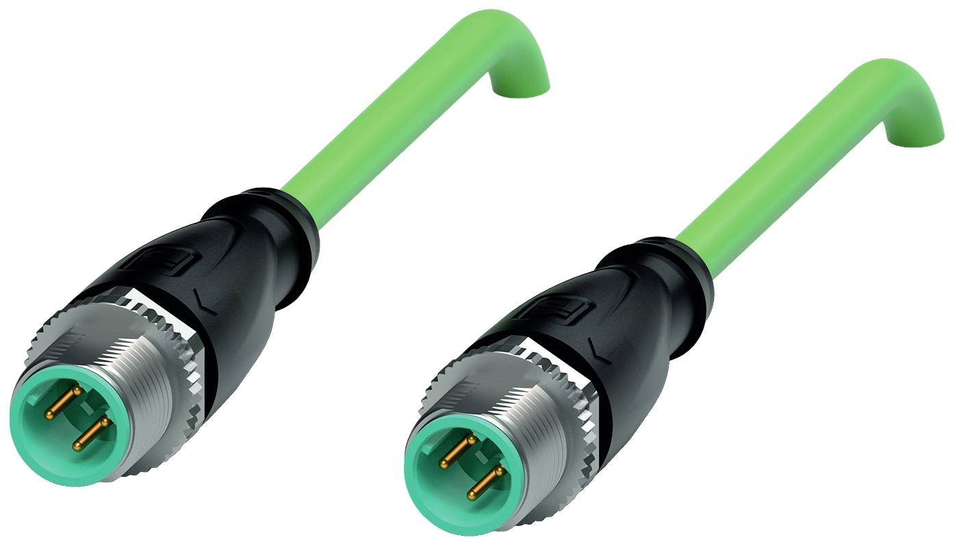 Zwei grüne M12-Steckverbinder mit Metallgewinde und schwarzen Kunststoffgehäusen, geeignet für industrielle Anwendungen.