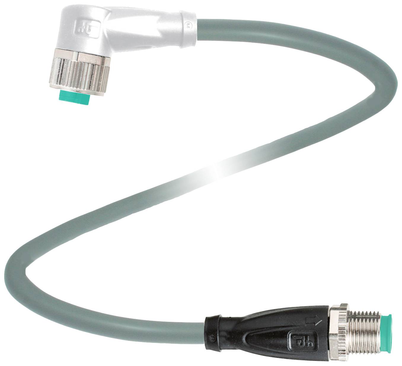 Ein grau-grünes Verbindungskabel mit einem Winkelstecker links und einem geraden Steckverbinder rechts, beide mit Metallringen.