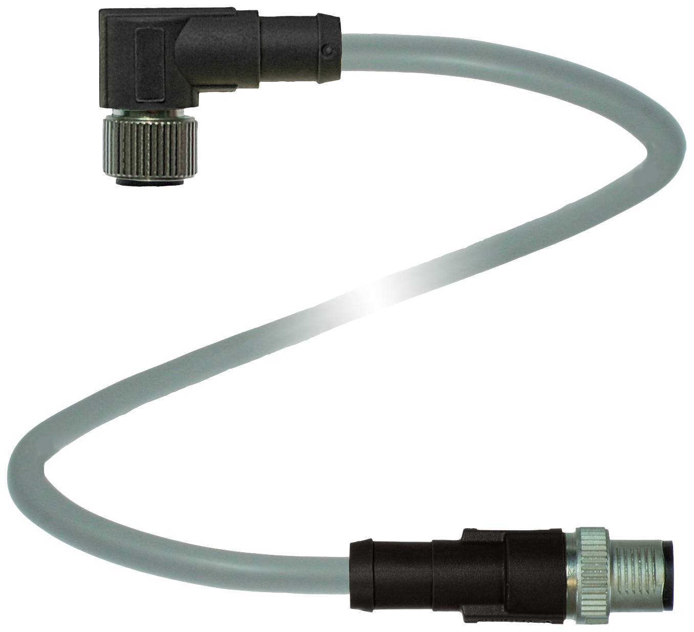 Ein gewinkeltes Verbindungskabel mit einem Stecker an jedem Ende, geeignet für elektrische oder elektronische Anwendungen.