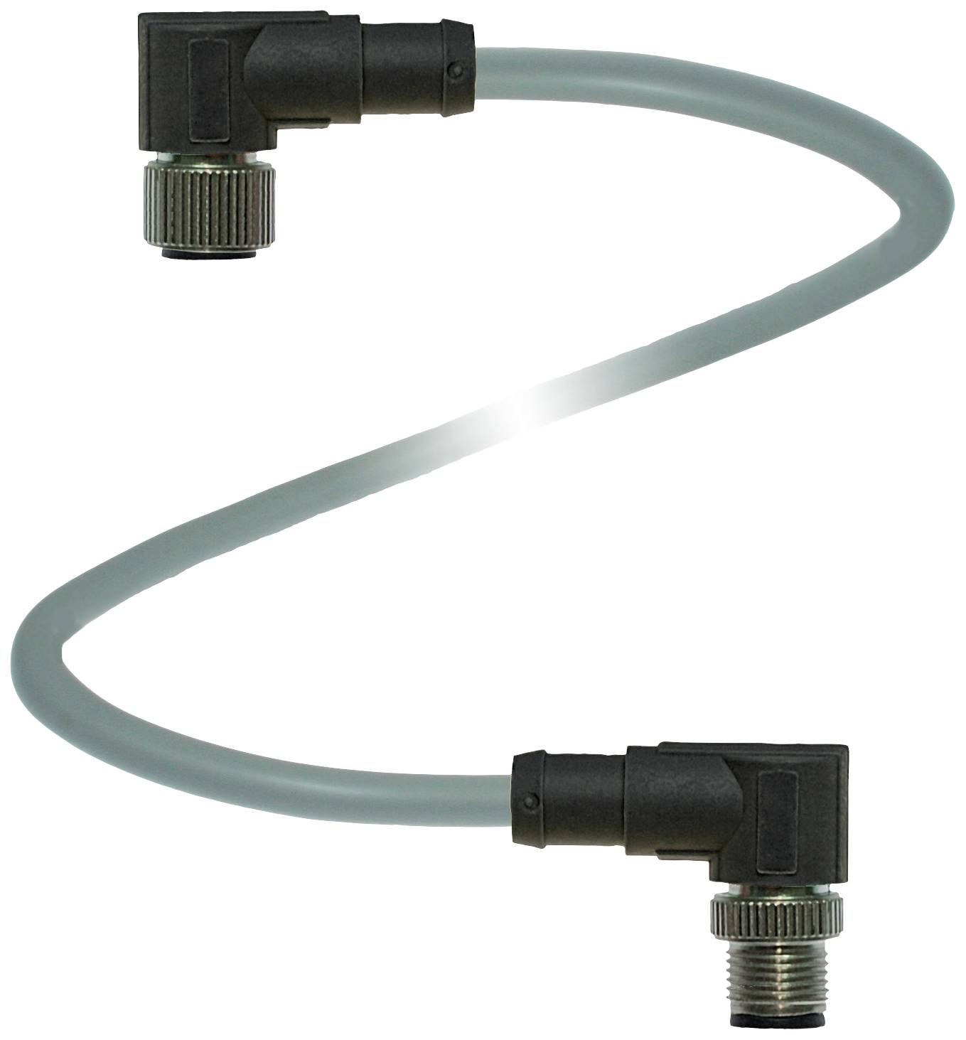 Graues, gewundenes Kabel mit zwei rechtwinkligen Steckverbindern an den Enden, geeignet für elektrische Verbindungen.