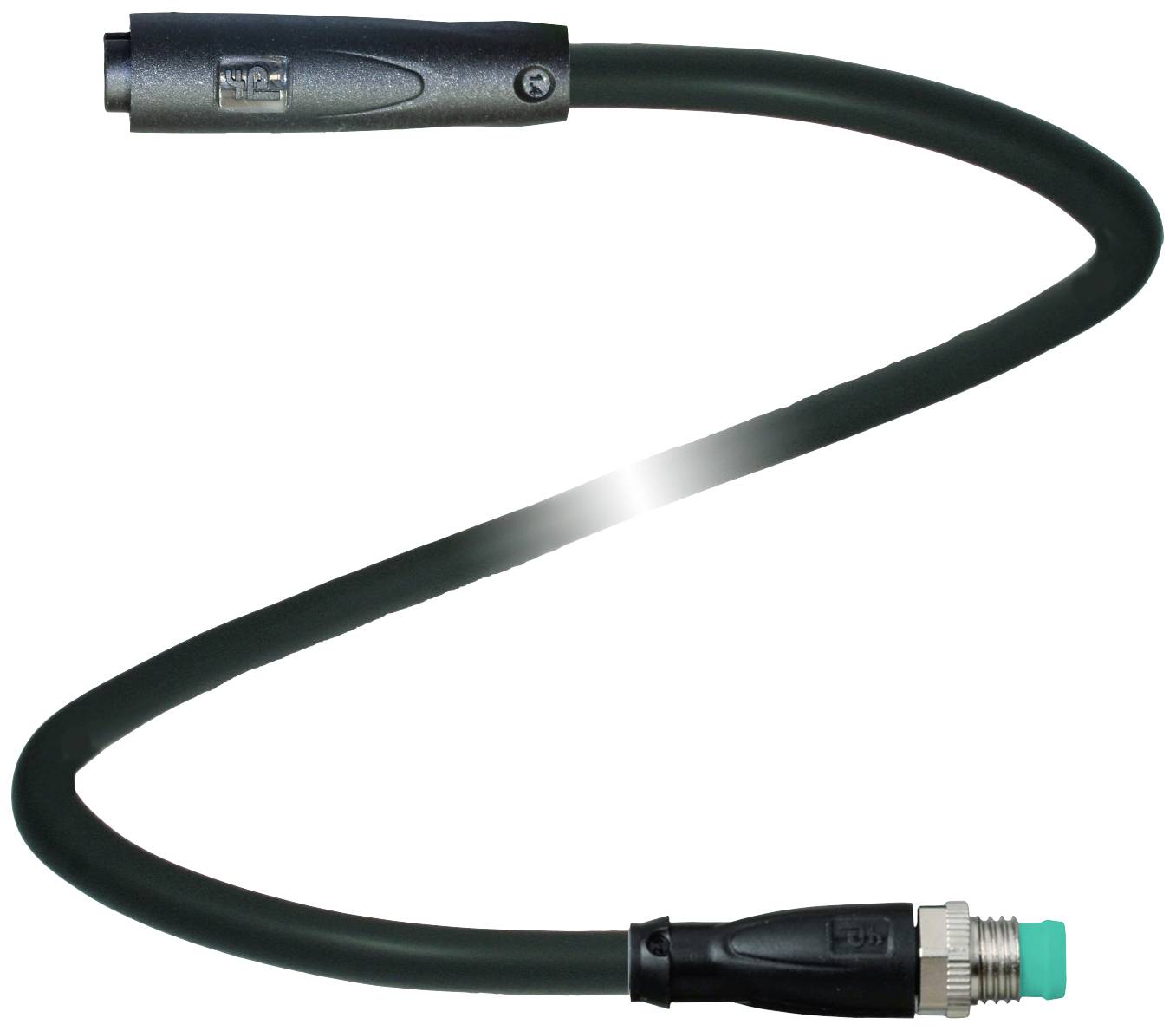 Ein schwarzes, gewundenes Kabel mit einem männlichen und einem weiblichen Anschluss an den Enden.