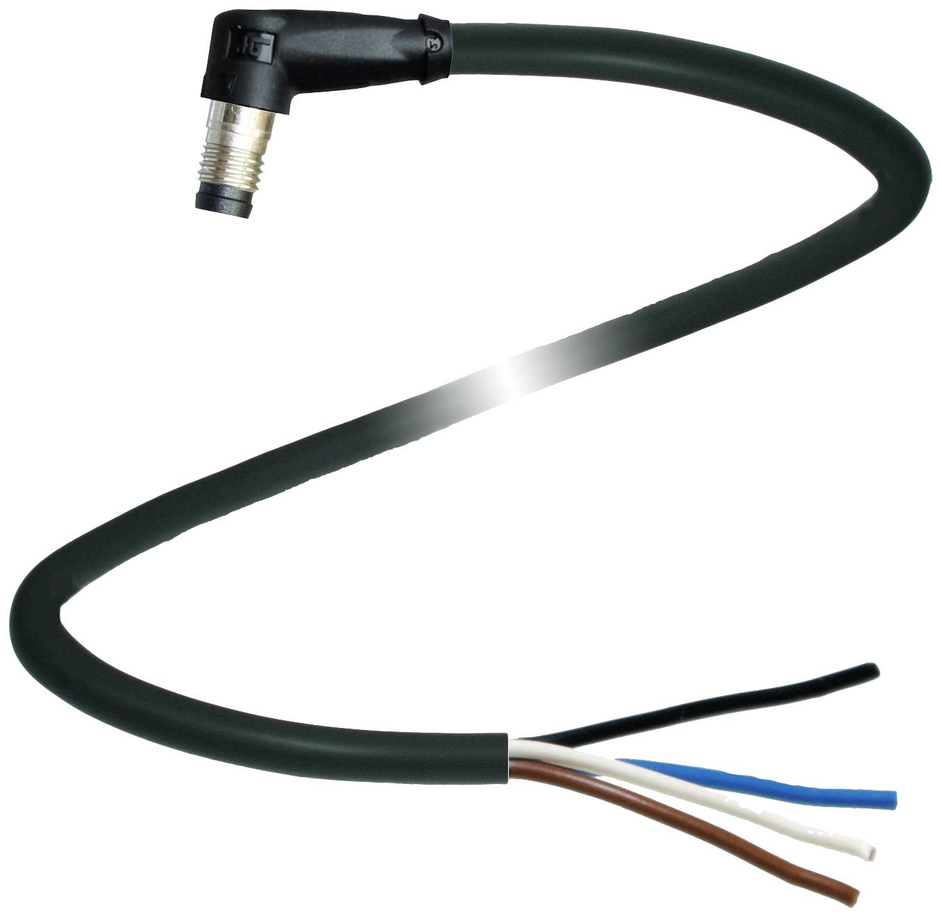 Ein schwarzes, gebogenes Kabel mit drei freien Drähten in Blau, Braun und Weiß am Ende. Verfügt über einen gekrümmten Stecker.