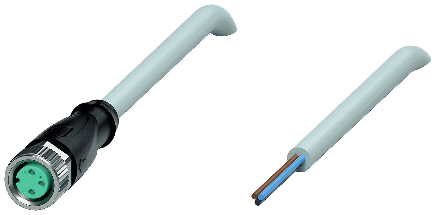 Ein Kabel mit einem grünen Anschlussstecker links und zwei herausragenden Drähten rechts, gekennzeichnet durch blaue und braune Isolation.