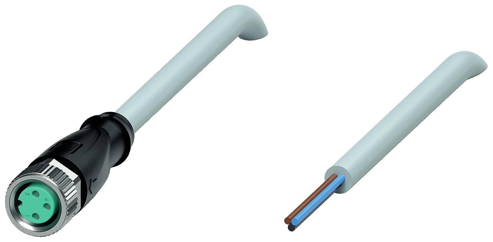 Ein schwarzer, zylindrischer Stecker mit einem grünen Einsatz, daneben ein Kabel mit freiliegenden Kupferdrähten.