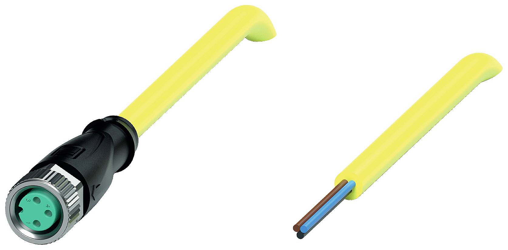 Zwei Kabel: Links ein schwarzer Stecker mit grüner Innenseite, rechts ein offenes Kabel mit sichtbaren braunen und blauen Adern.