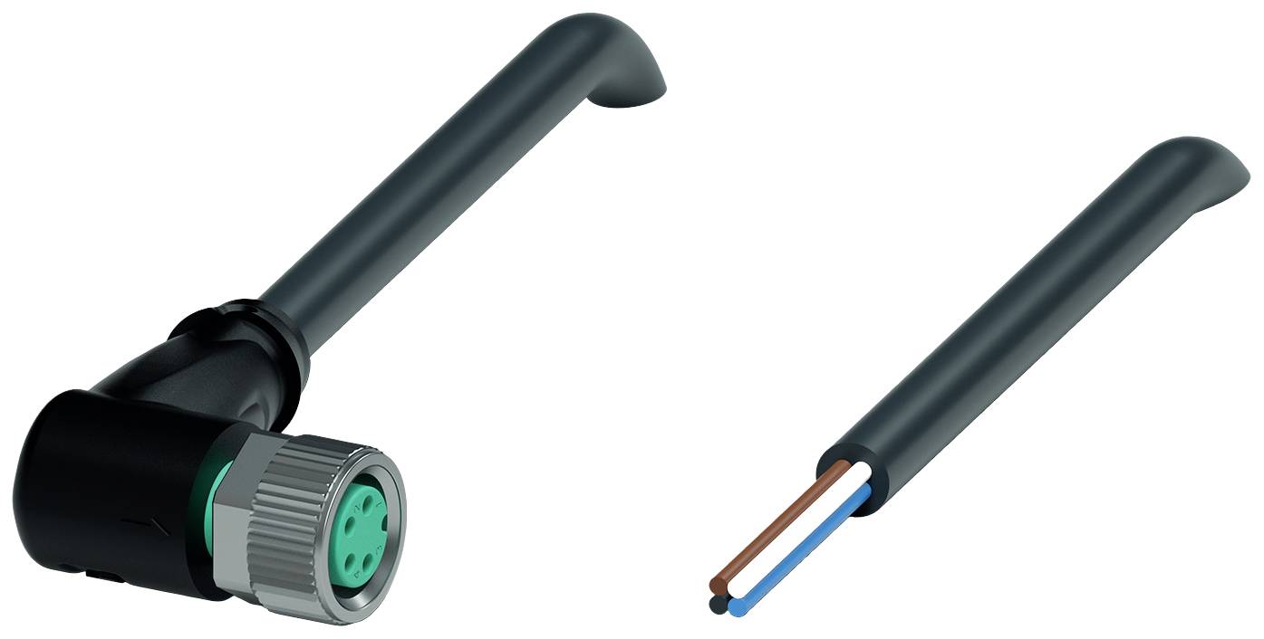 Elektrischer Steckverbinder mit grünem Einsatz und daneben ein abgeschnittener Kabelabschnitt mit drei sichtbaren Kabeladern.