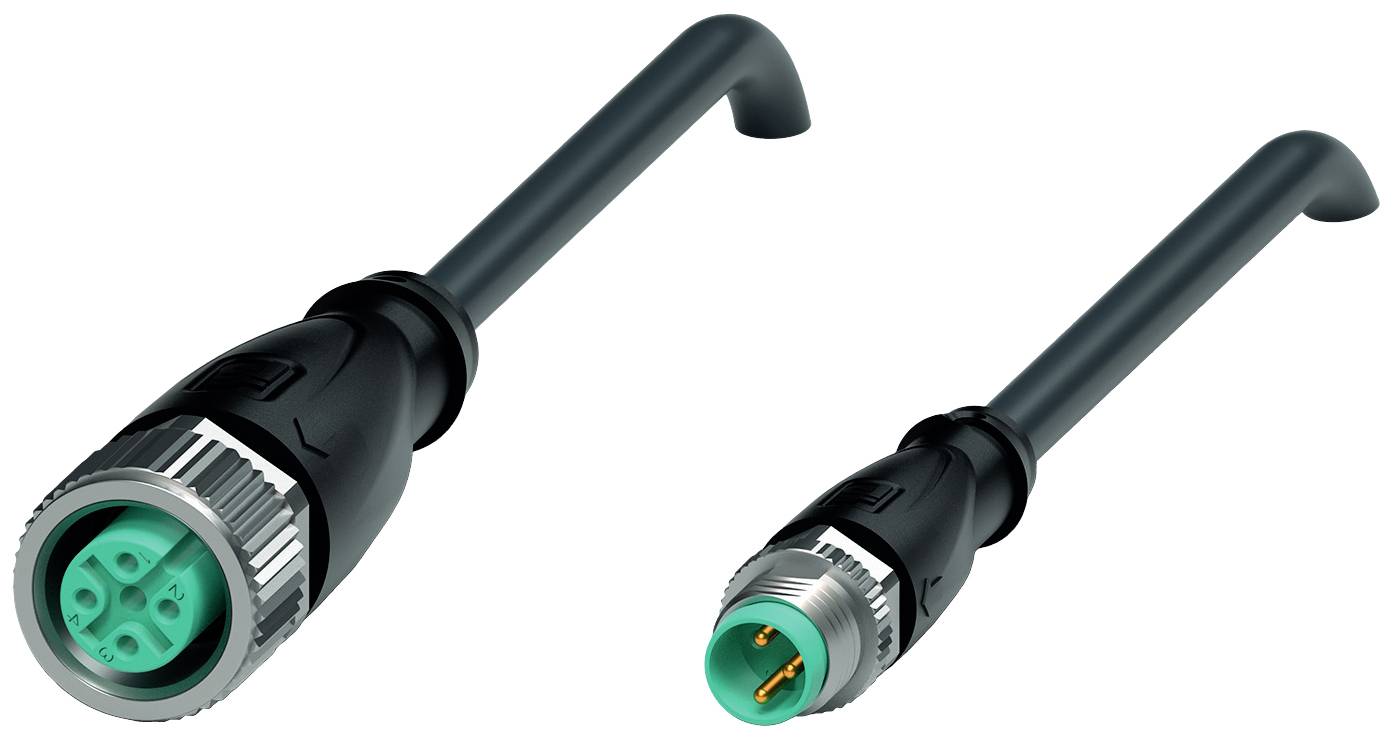 Zwei M12-Steckverbinder mit schwarzen Kabeln, ein männlicher mit Pins, ein weiblicher mit Buchsen, zum Anschließen elektrischer Geräte.