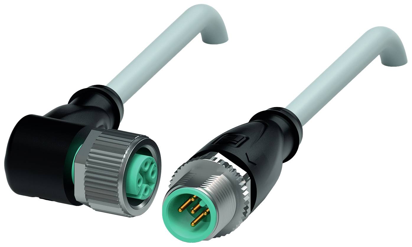 Zwei M12-Steckverbinder mit abgewinkeltem und geradem Stecker. Der eine hat drei, der andere fünf sichtbare Kontakte.