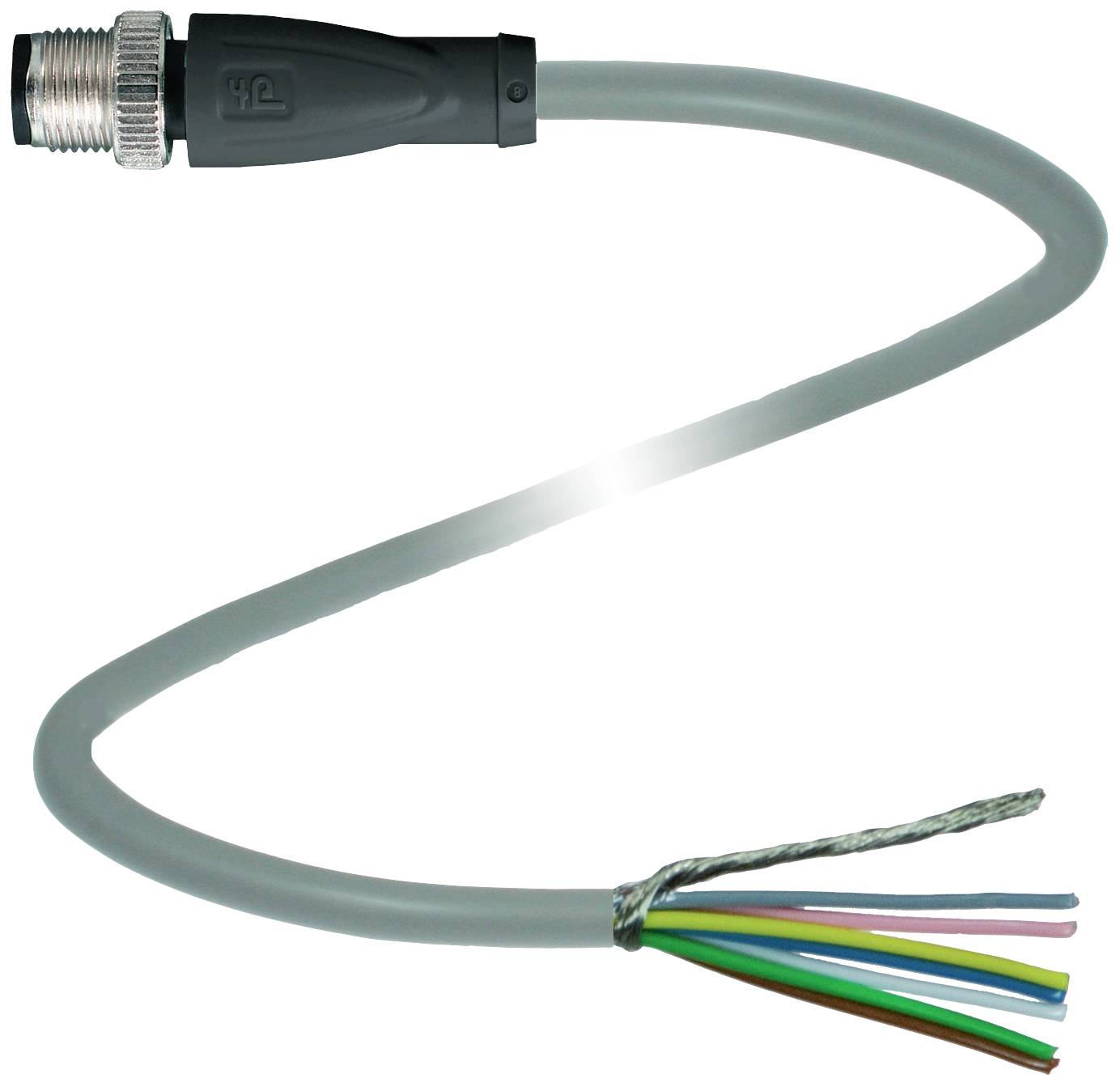 Graues, gewundenes Mehrleiterkabel mit Steckverbinder und offenen Enden, das für elektrische Verbindungen verwendet wird.