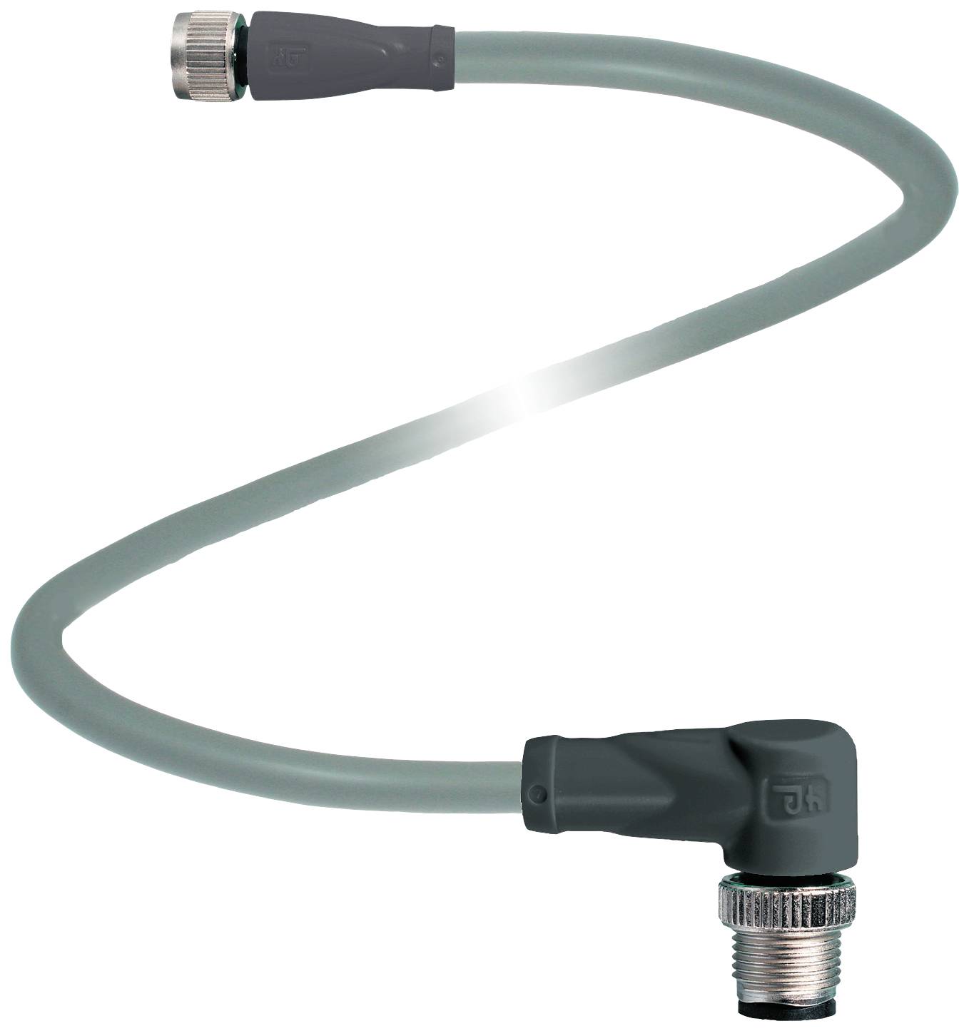 Flexibler grauer Wasserschlauch mit Metallanschlüssen an beiden Enden, leicht gebogen, vor weißem Hintergrund.