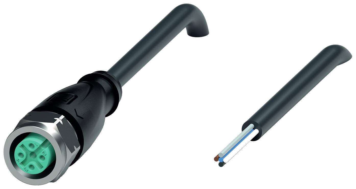 Ein vierpoliger Steckverbinder neben einem Kabel mit drei farbigen Drähten: braun, blau und grün-gelb.