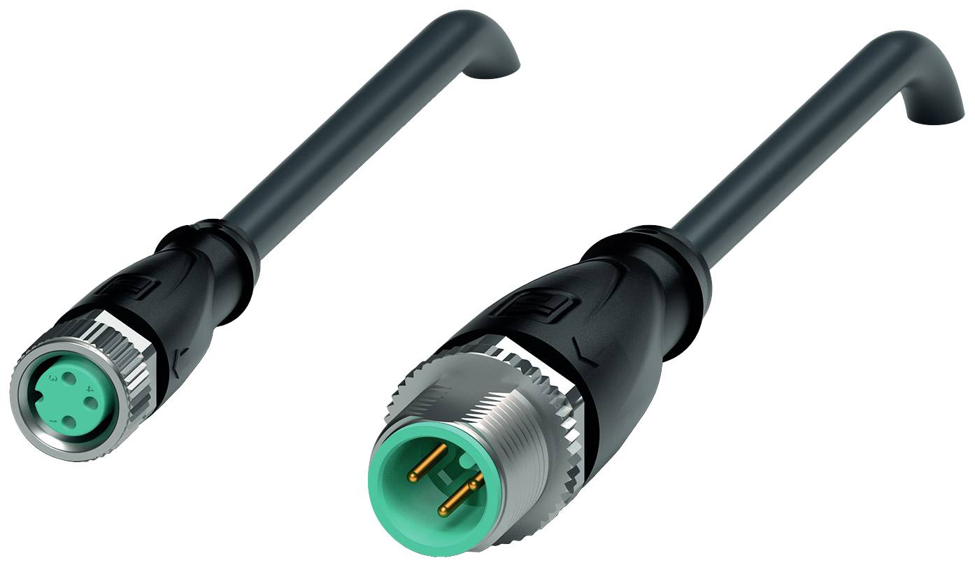 Zwei schwarze und grüne Kabelstecker, männlich und weiblich, mit gewelltem Griff und Metallverschraubung, auf weißem Hintergrund.