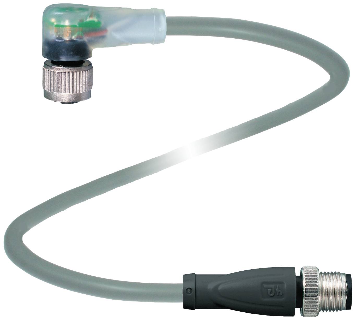 Ein graues, gewundenes Kabel mit einem Metallstecker an einem Ende und einem transparenten, abgewinkelten Stecker am anderen Ende.