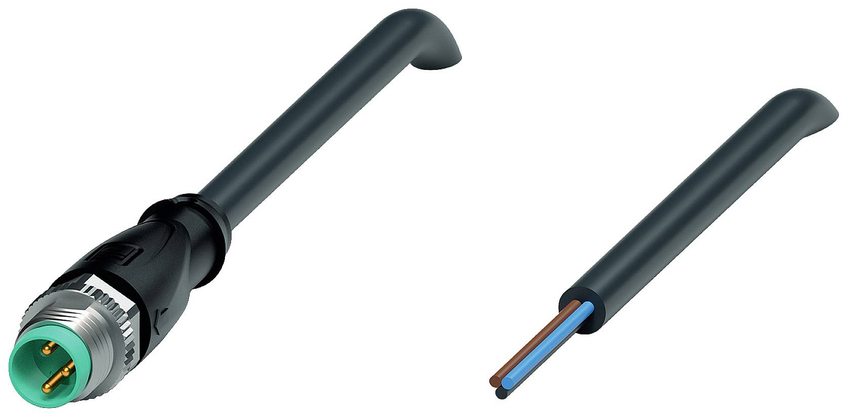 Abbildung eines Steckverbinders neben einem abisolierten Kabel mit zwei Leitern in Blau und Braun.