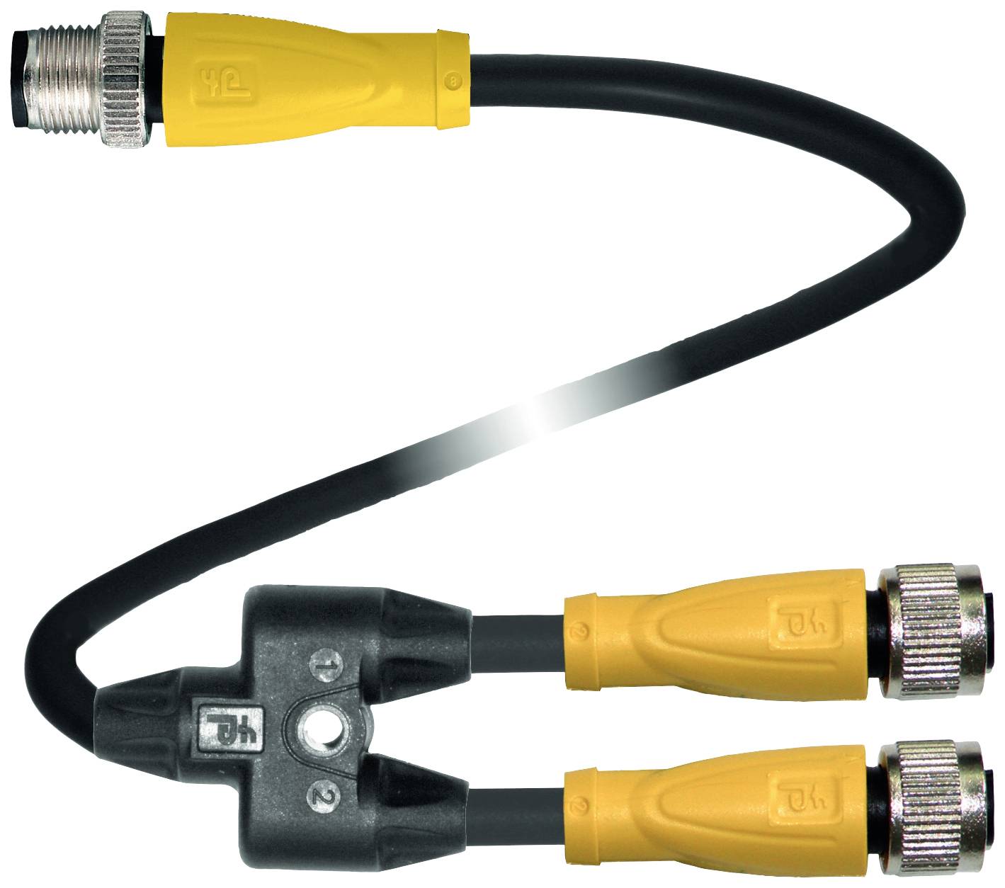 Y-Verbinder mit IP67-Schutz, zwei gelbe Anschlüsse und ein schwarzer Kabelstrang, geeignet für industrielle Anwendungen.