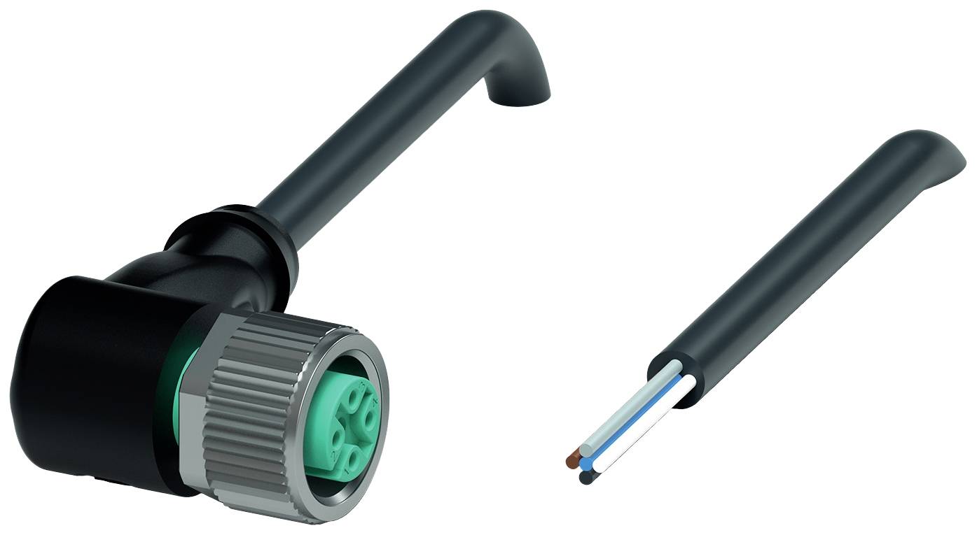 Ein schwarzer, abgewinkelter Stecker neben einem Kabel mit drei freigelegten farbigen Drähten: braun, blau und grün-gelb.