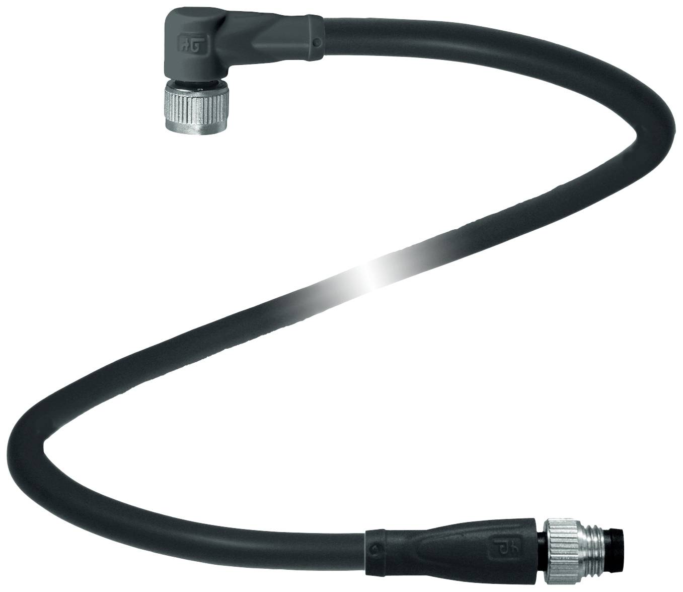 Ein schwarzes, flexibles Kabel mit einem Winkelstecker an einem Ende und einem geraden Stecker am anderen; verwendet für Anschlüsse.