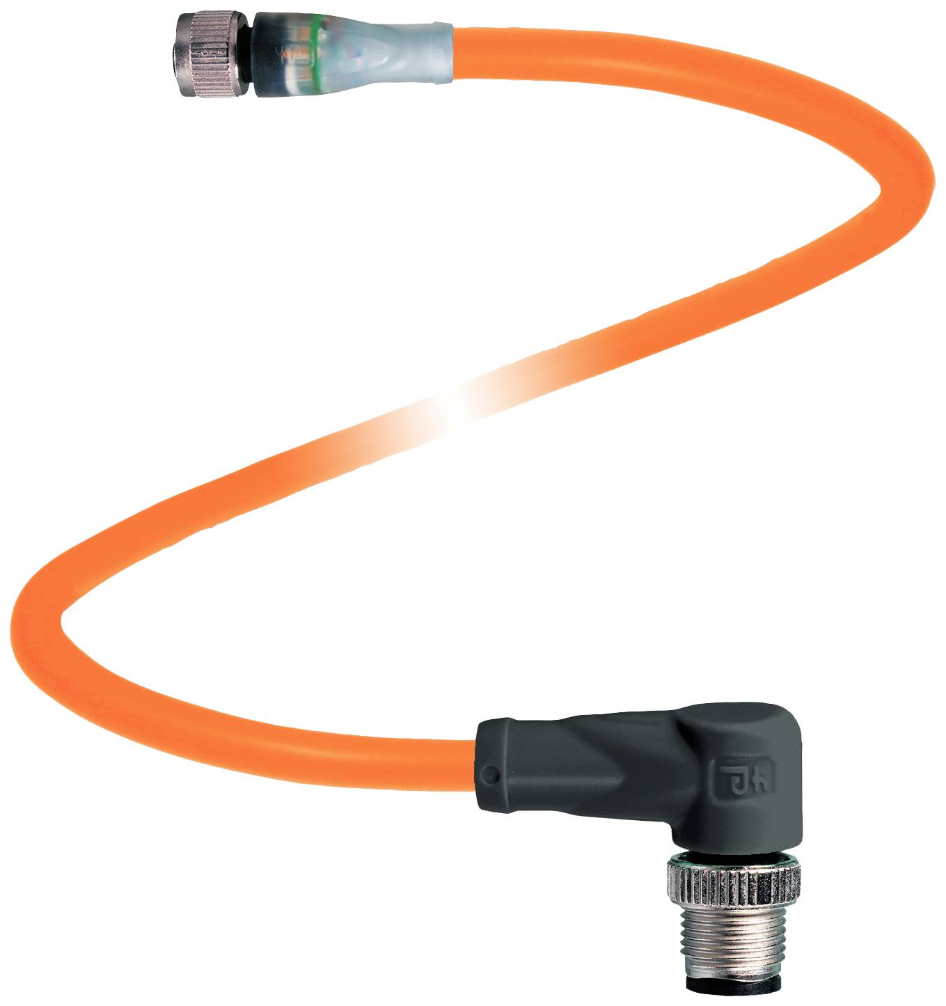 Ein orangefarbenes, flexibles Kabel mit einem rechtwinkligen Stecker am Ende. Geeignet für industrielle Anwendungen.