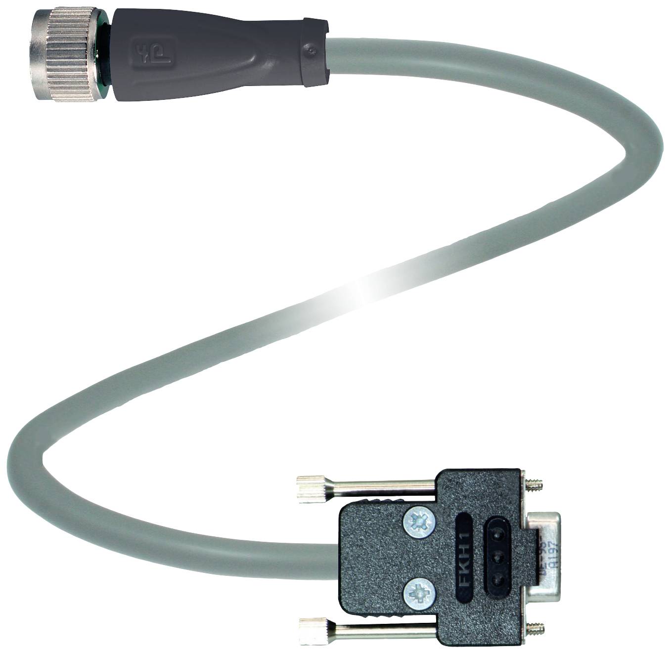 Ein graues Kabel mit Stecker und Buchse. Oben befindet sich ein runder Metallstecker, unten ein rechteckiger Anschluss mit Schrauben.