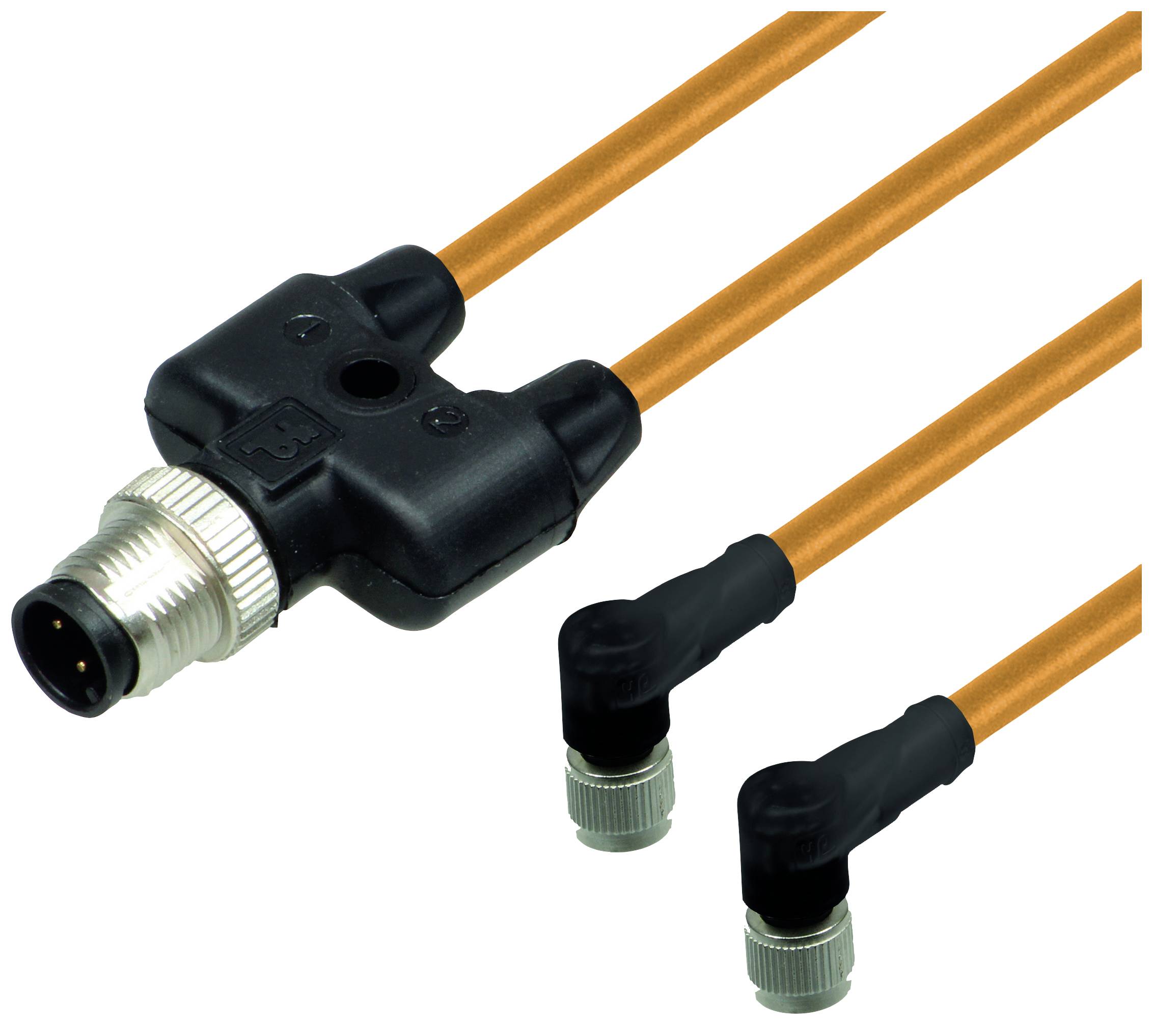 Y-Verteiler-Kabel, orange, mit schwarz-silbernen Steckverbindern. Zwei parallel verlaufende Kabelstränge mit Winkelsteckern.