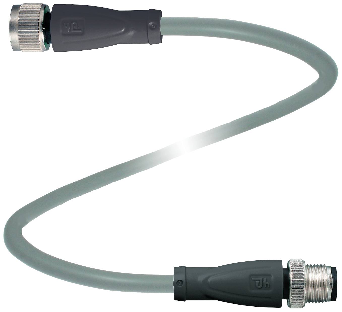 Ein graues, gebogenes Kabel mit Metallanschlüssen an beiden Enden, möglicherweise für elektronische Geräte oder Maschinen geeignet.