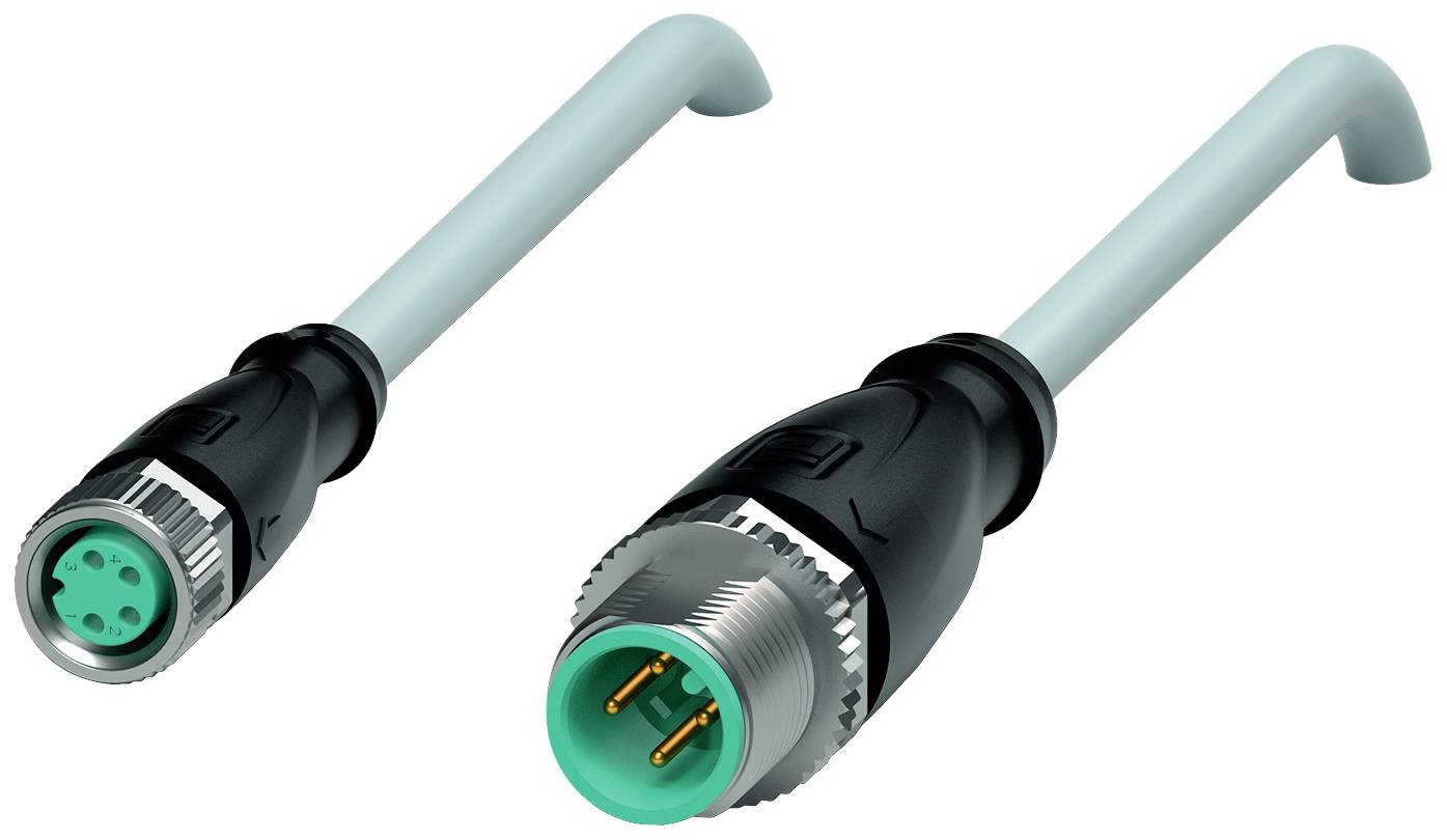 M8 Steckerpaar: Links ein Stecker mit vier weiblichen Kontakten, rechts ein Stecker mit vier männlichen Kontakten, beide mit Metallgehäuse.
