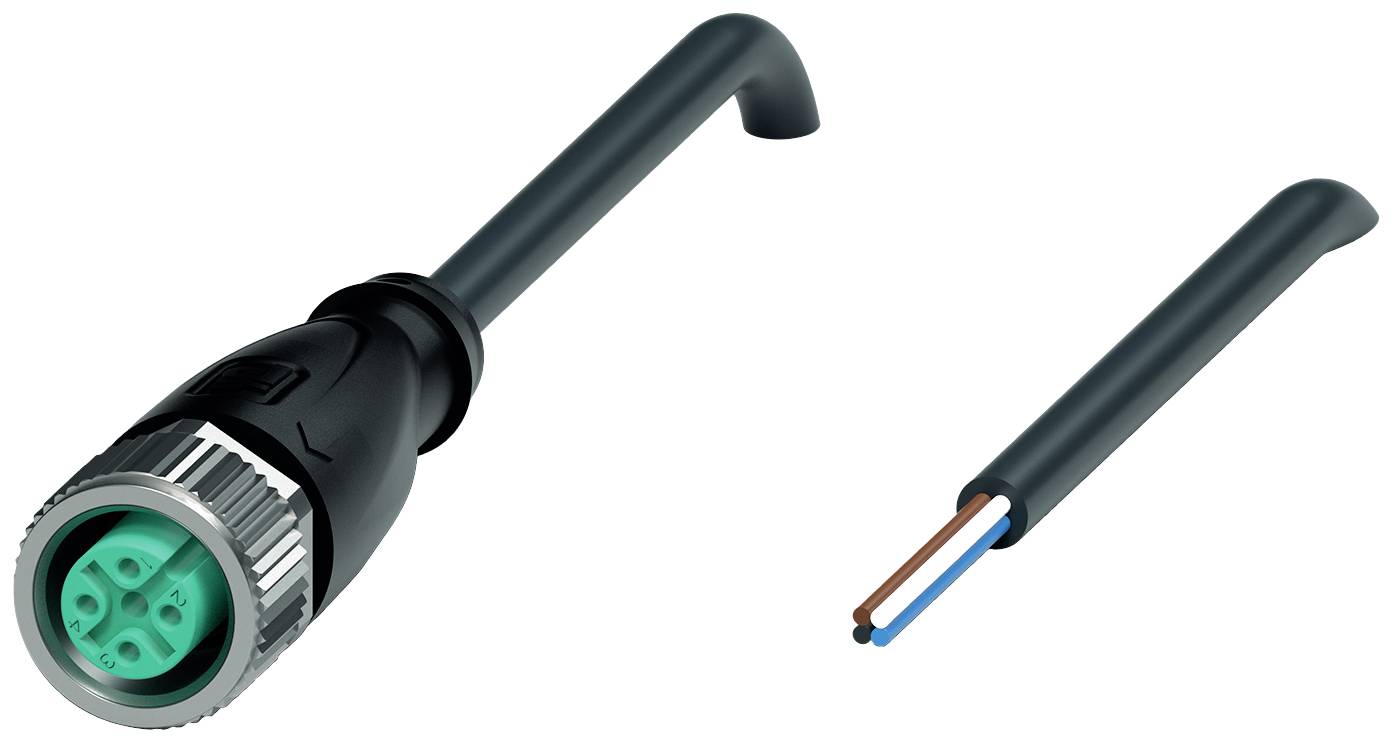 Schwarzer Steckverbinder mit grünem Innenleben, daneben abisoliertes Kabel mit zwei freiliegenden Drähten (braun und blau).