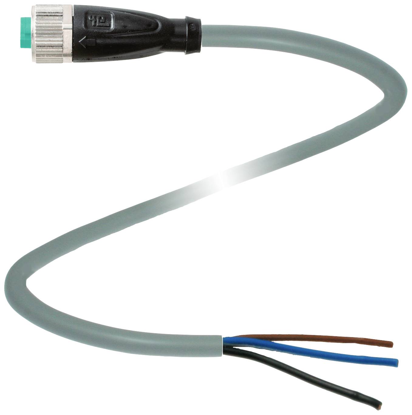 Ein graues Kabel mit silbernem und schwarzem Stecker an einem Ende, am anderen Ende sind drei freiliegende Drähte in Blau, Braun und Schwarz.