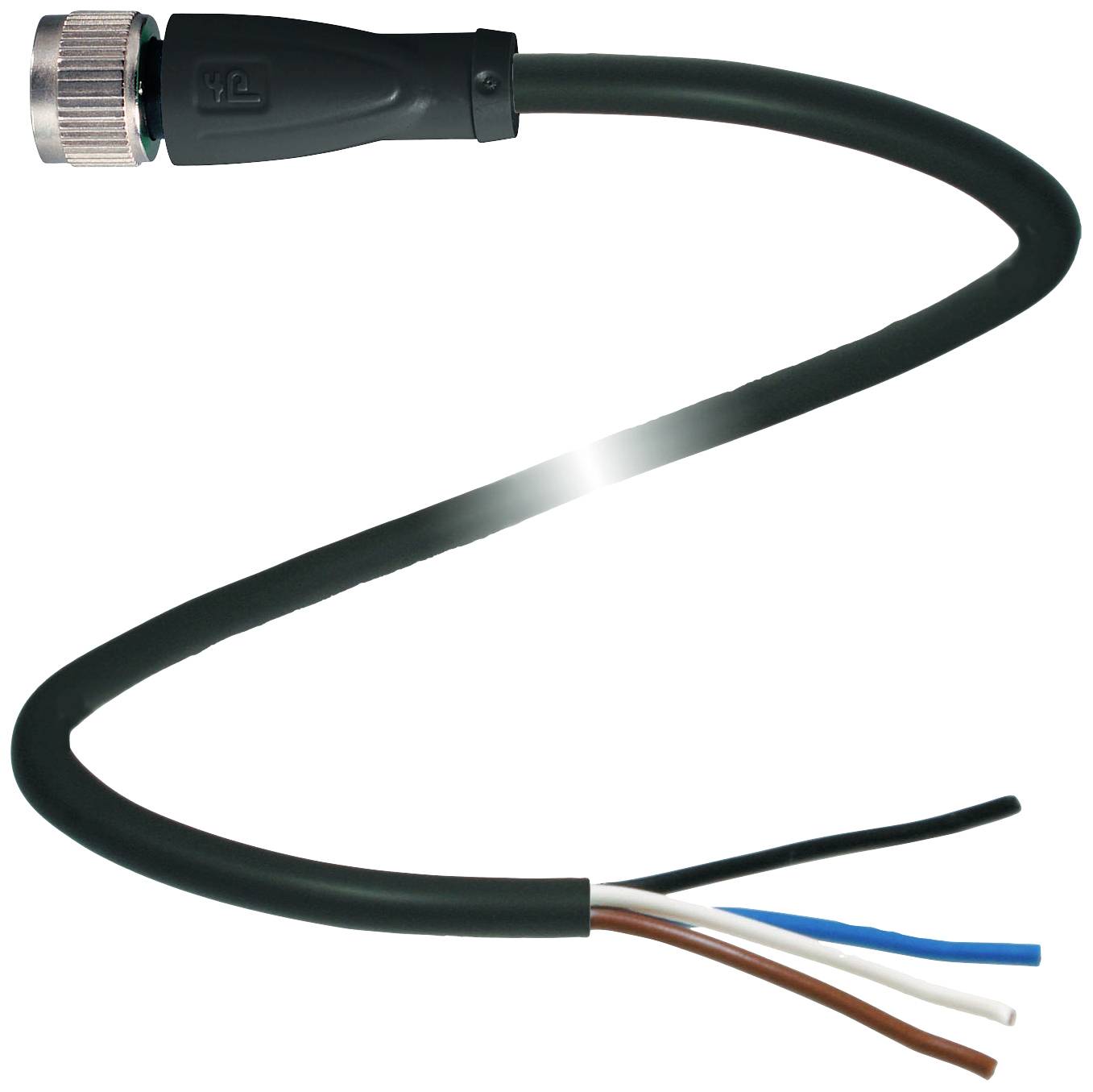 Schwarzes Stromkabel mit rundem Stecker auf einer Seite und vier freiliegenden Drähten in verschiedenen Farben auf der anderen Seite.