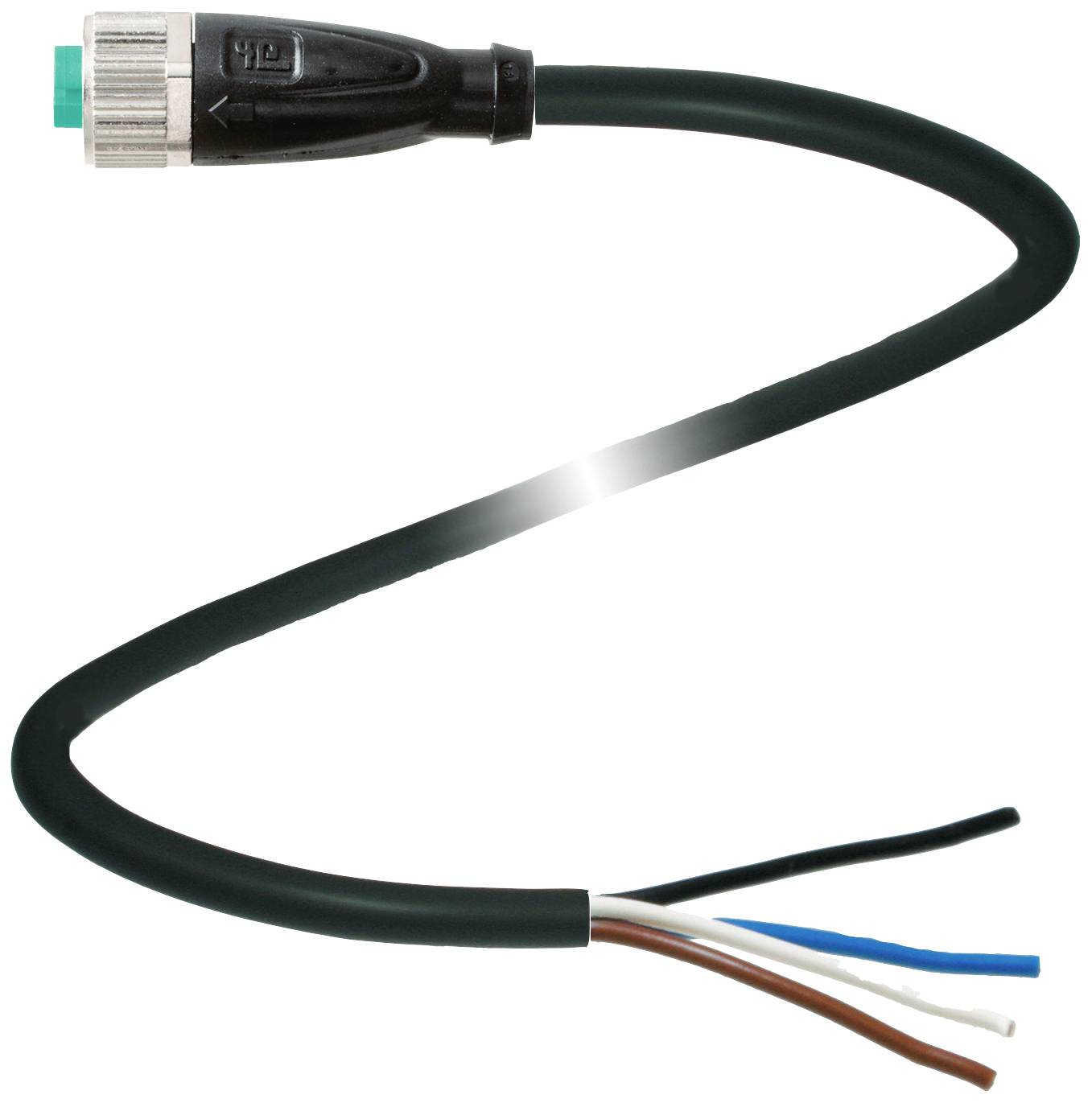 Ein schwarzes Kabel mit einem Stecker auf einer Seite und vier freiliegenden Drahtenden auf der anderen Seite vor weißem Hintergrund.