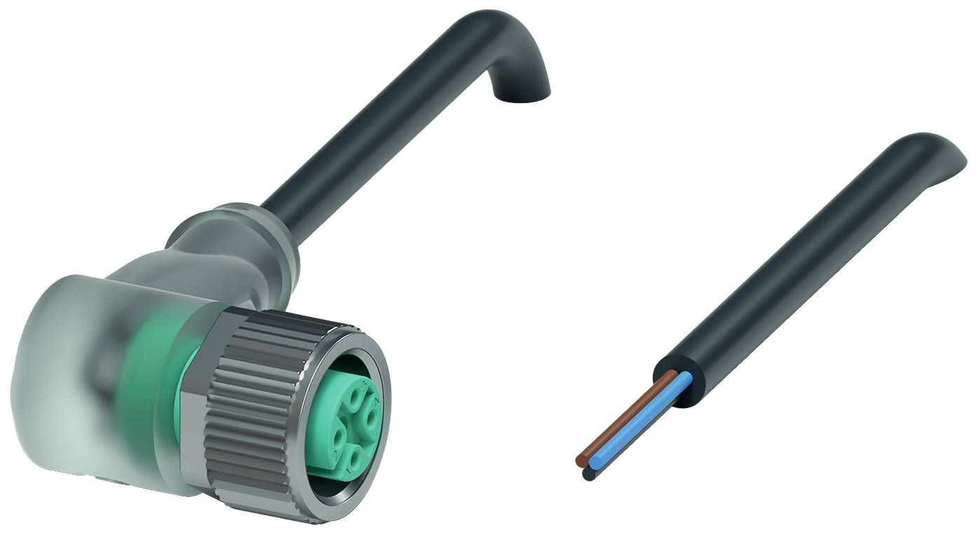 Abgewinkelter Steckverbinder und abgeschnittenes Kabel mit sichtbaren Kupferdrähten rechts, geeignet für elektrotechnische Anwendungen.