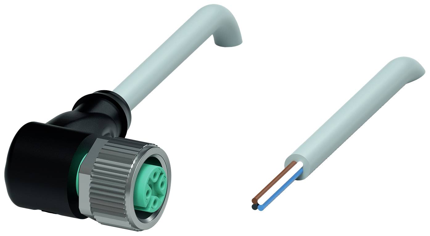 Ein schwarzer und grüner Winkelstecker mit grauem Kabel ist neben einem offenen Kabel mit brauner und blauer Ader abgebildet.