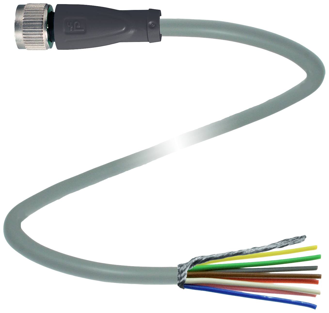 Graues elektrisches Kabel mit Stecker und freiliegenden bunten Drähten am Ende, geeignet für technische Anwendungen.