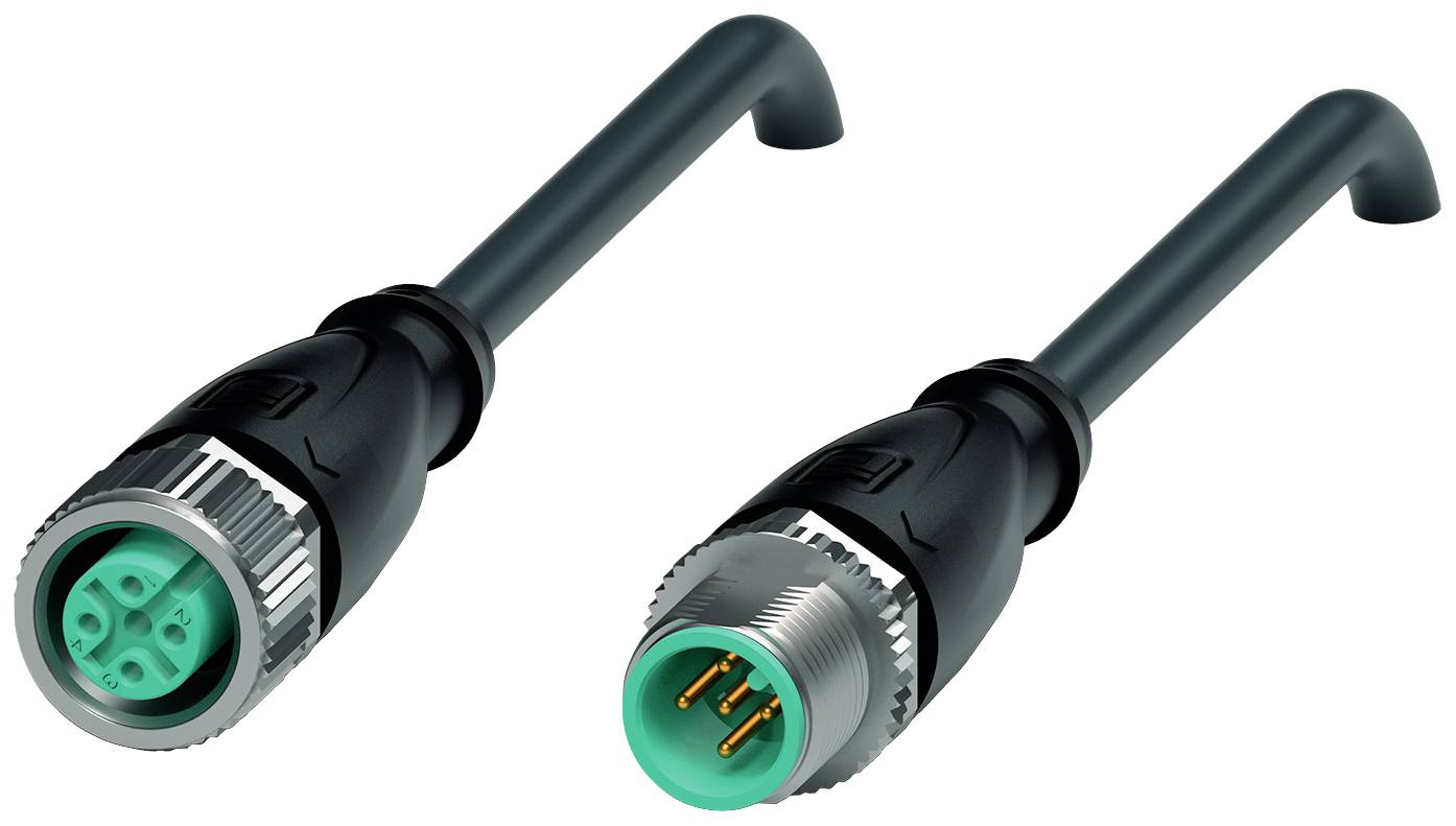 Zwei industrielle Steckverbinder, einer mit Buchse (links) und einer mit Stecker (rechts), beide mit schwarzen Kabeln.