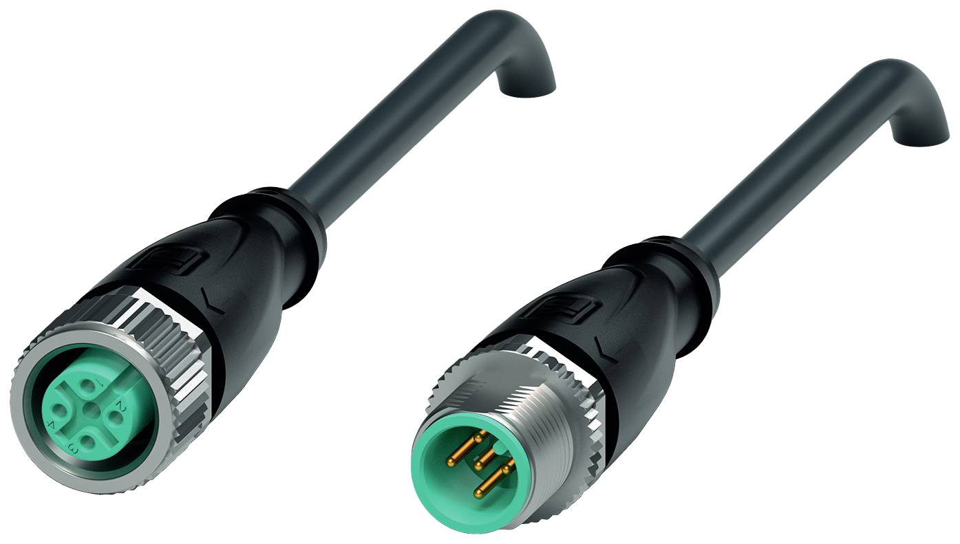 Zwei M12-Steckverbinder: Links eine Buchse mit Innenkontakten, rechts ein Stecker mit Außenkontakten, beide mit verschraubbarer Kappe.