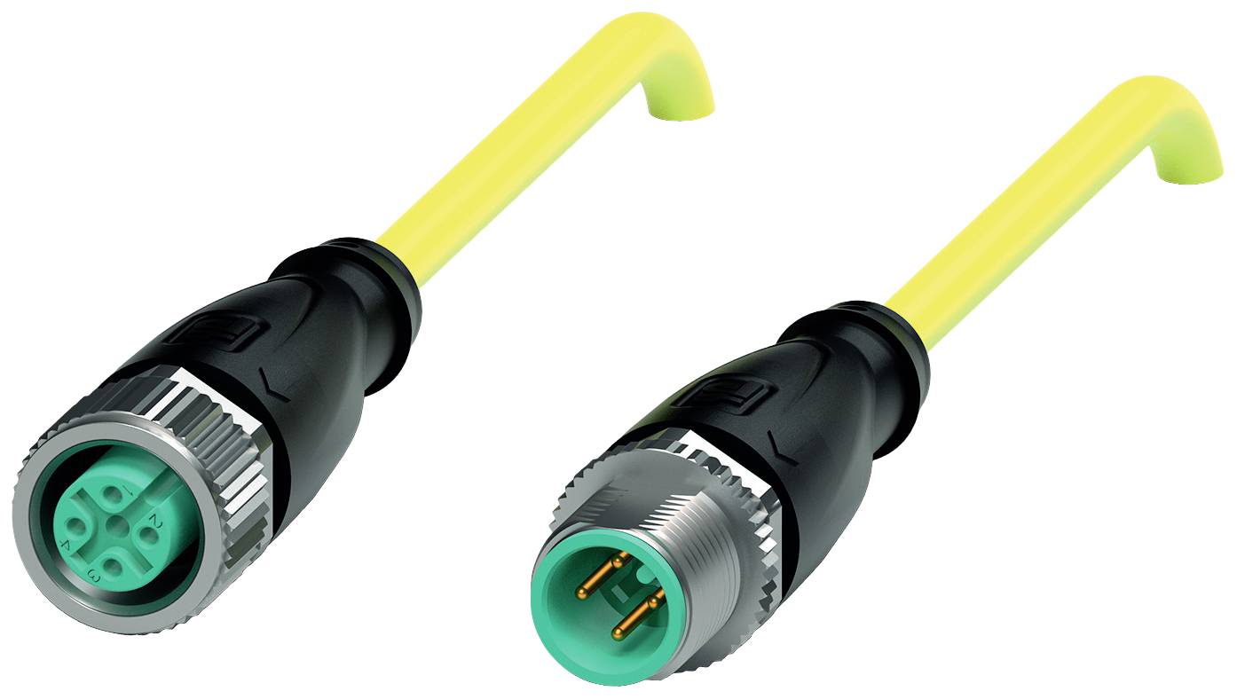 Zwei M12-Stecker mit gelbem Kabel: Linker Stecker mit vier Buchsen, rechter Stecker mit vier Stiften, vor weißem Hintergrund.