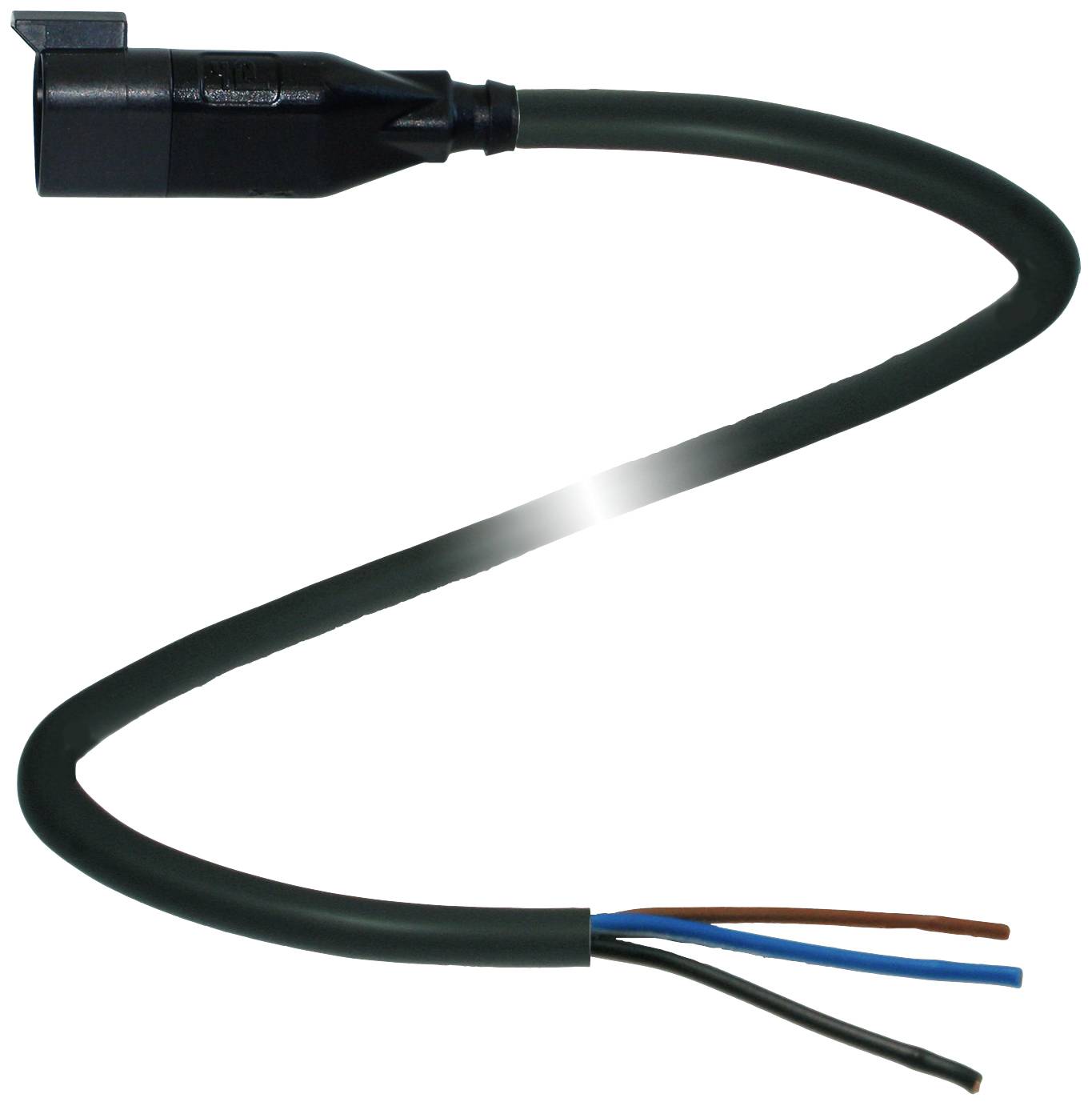 Ein schwarzes Netzkabel mit abgeschnittenen Enden und sichtbaren blauen, braunen und grünen Drähten auf weißem Hintergrund.