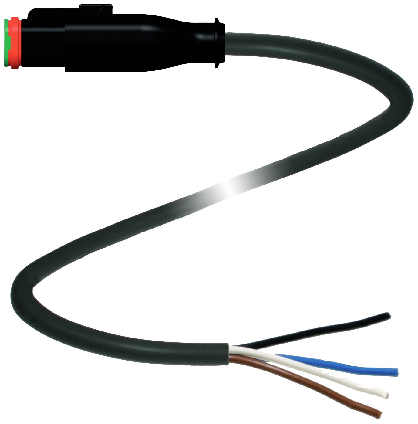 Ein elektrisches Kabel mit einem schwarzen Stecker und vier farbigen Drähten: braun, blau, weiß und schwarz.