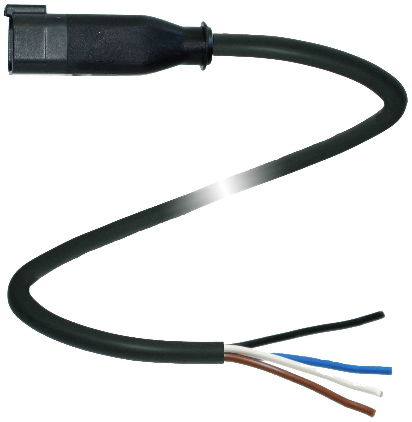 Ein schwarzes Kabel mit einem Stecker an einem Ende und vier farbigen Drähten (braun, weiß, blau, schwarz) am anderen Ende.
