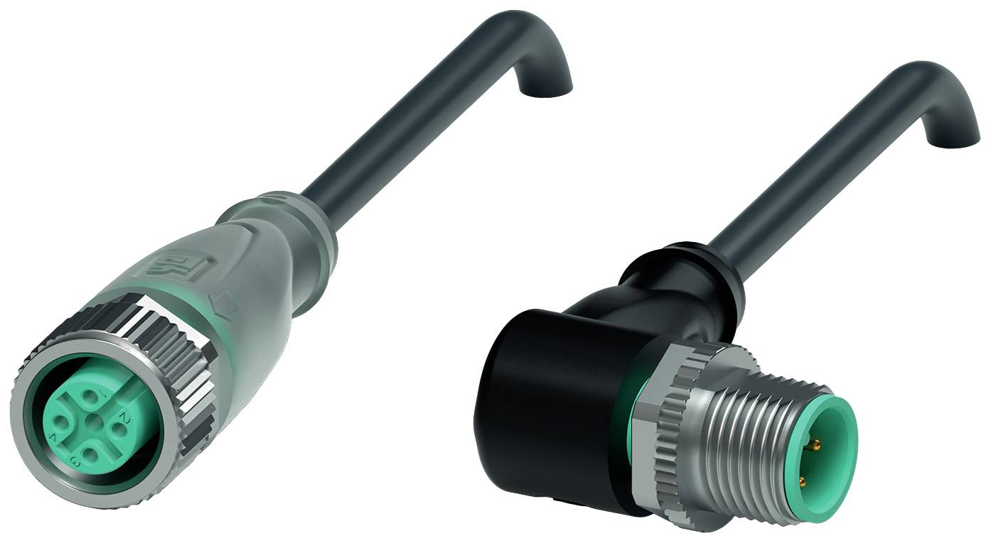 Zwei industrielle Steckverbinder: links ein weiblicher Stecker mit vier Öffnungen, rechts ein männlicher Stecker mit zwei Pins.