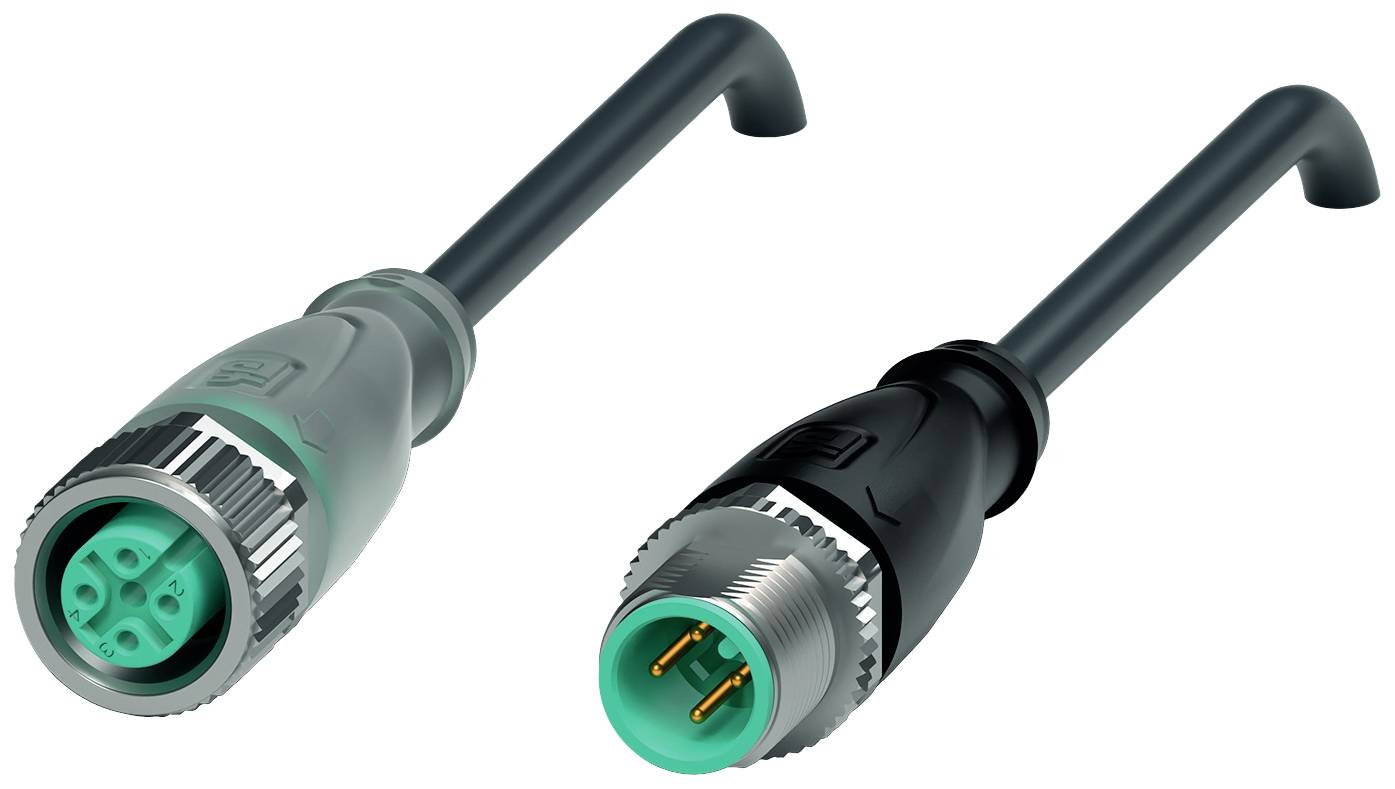 Zwei industrielle Steckverbinder mit Metallhülsen und Kunststoffkappen, einer mit Buchsen, der andere mit Stiften, auf weißem Hintergrund.