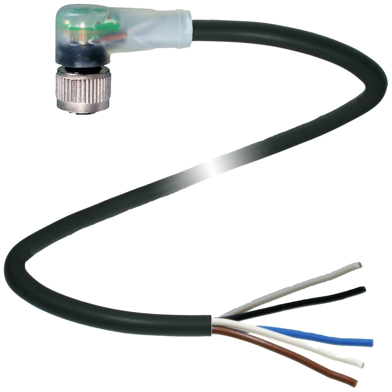 Ein schwarzes Kabel mit einem angewinkelten Stecker links und offenen Enden rechts. Es hat fünf farbige Adern.