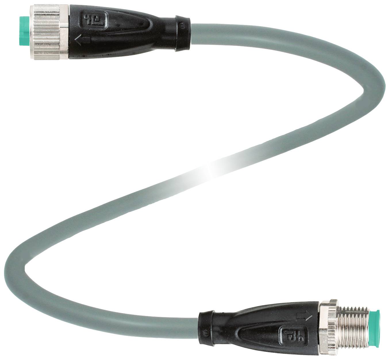 Ein graues Kabel mit grünen Enden; links eine Buchse, rechts ein Stecker. Es verbindet Geräte und überträgt Daten oder Strom.