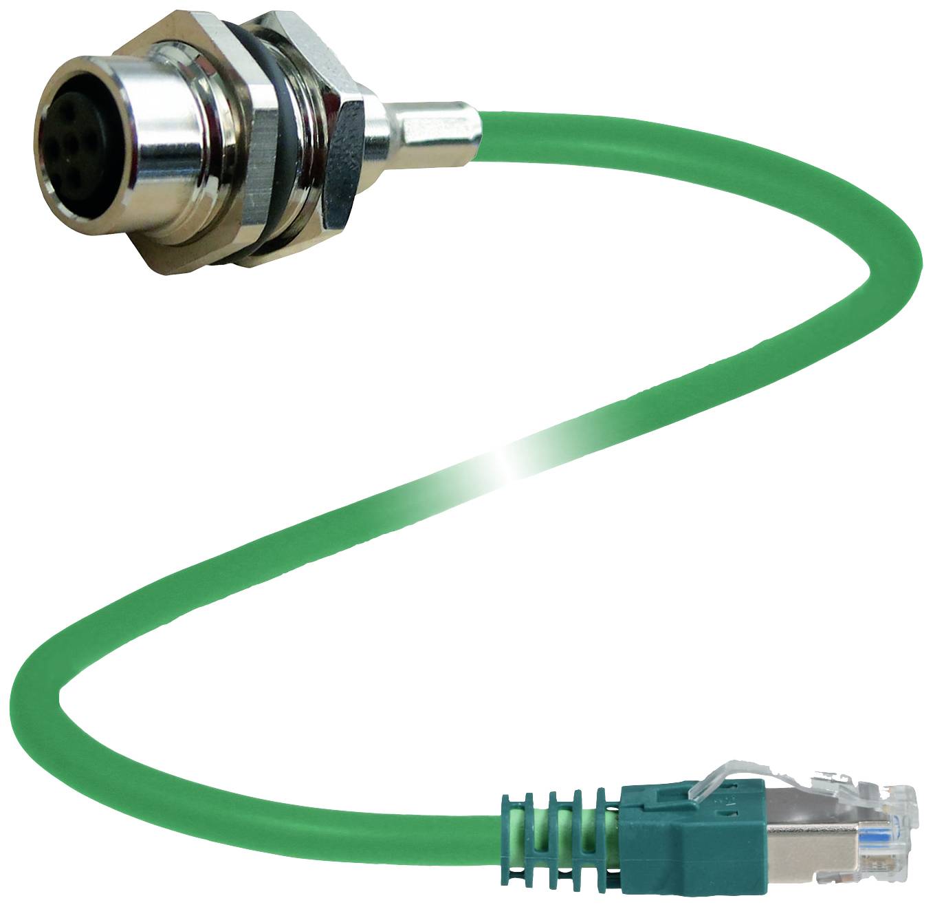 Ein grünes Kabel mit einem M12-Stecker auf der einen und einem Netzwerkkabel-Stecker auf der anderen Seite, vor weißem Hintergrund.