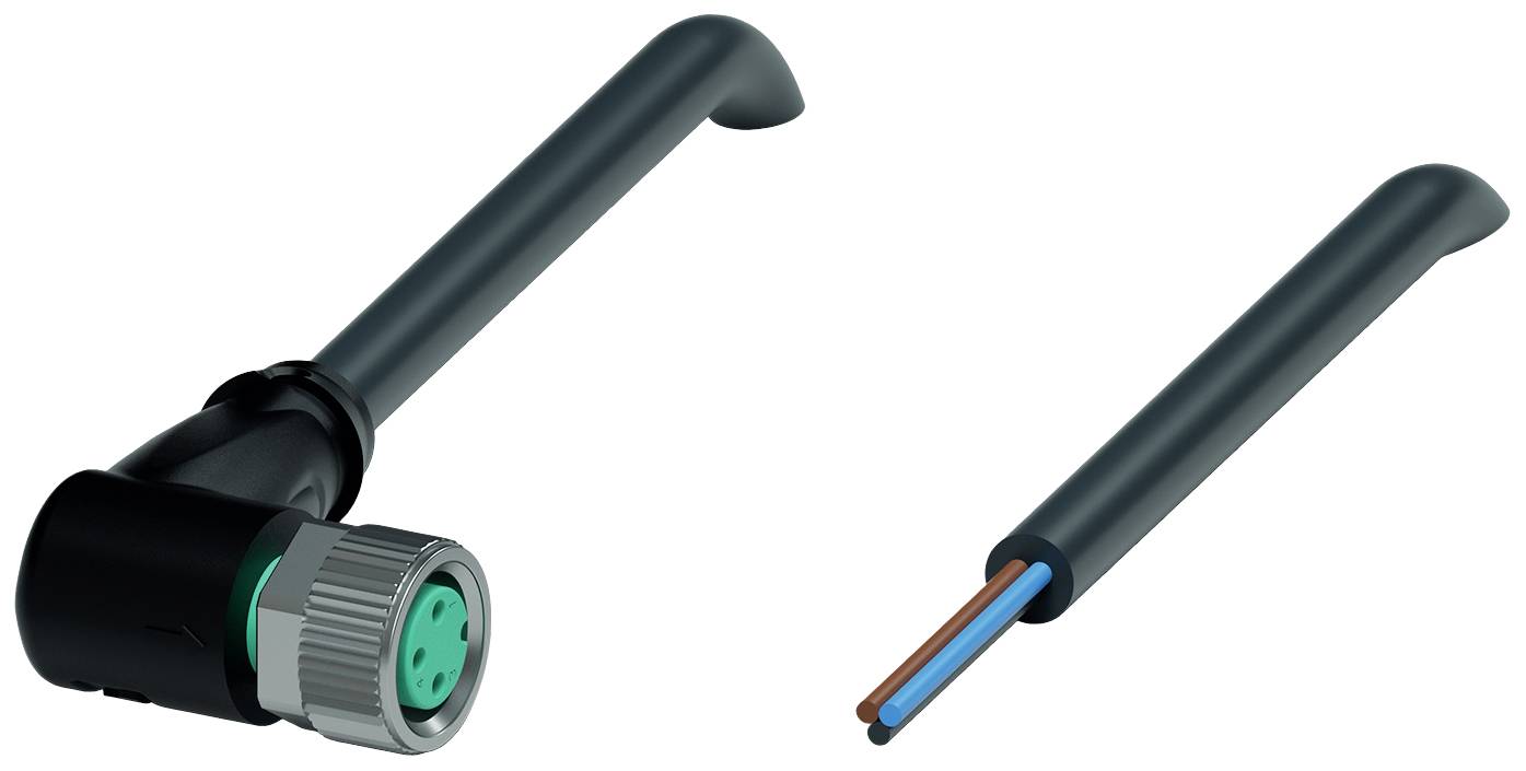 Elektrische Steckverbindung mit grünem Stecker und Metallverschluss links; rechts Drahtenden in blau und braun isoliert.
