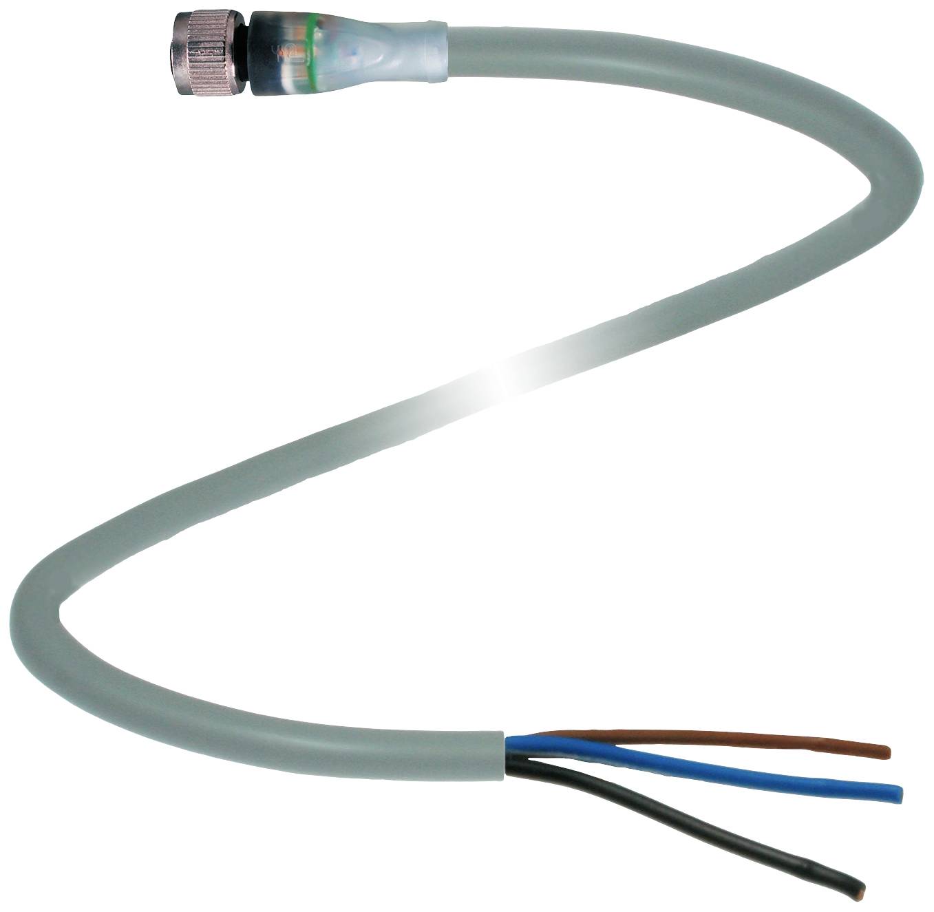 Ein graues Kabel mit einem Metallstecker am Ende und drei freiliegenden Litzen in Blau, Braun und Schwarz am anderen Ende.